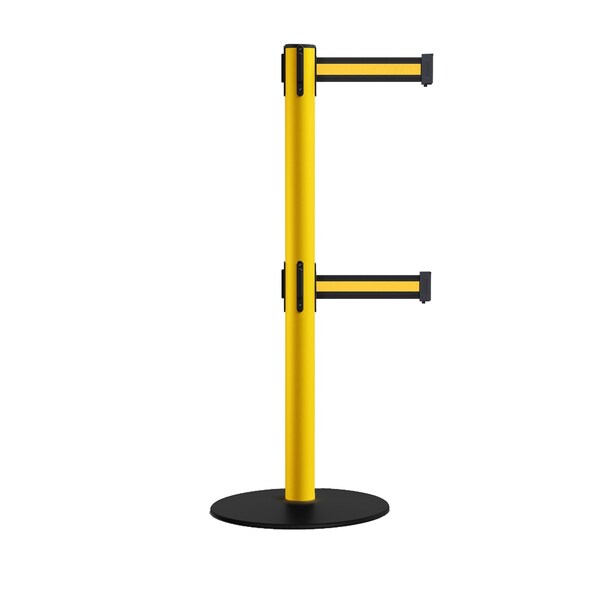 Montour Line Retractable Dbl Belt 2.5" YW Post , Low Base, 7.5'Bk/Y H Belt S400D-YW-BYH-75 - main